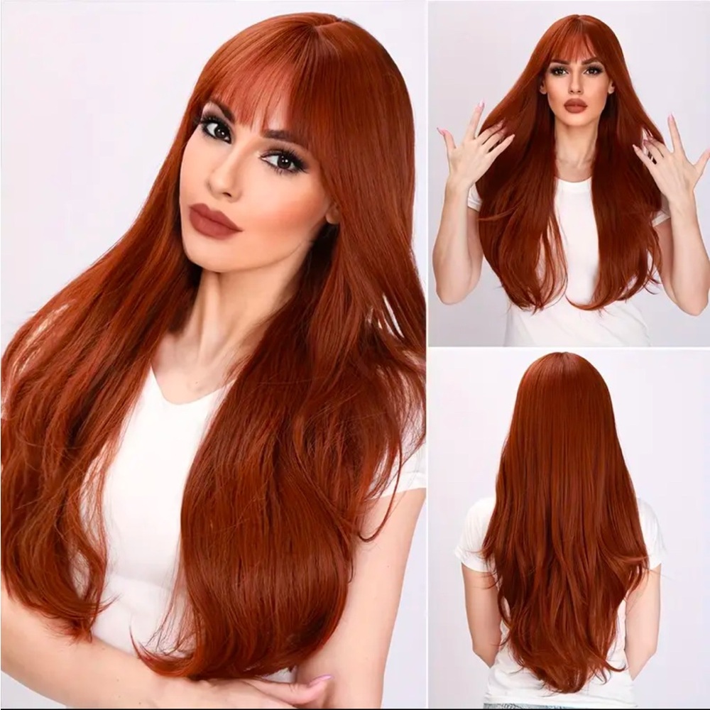 Red Brown 26 Inch Synthetic Fiber Loose Wave Natural Bangs Wig